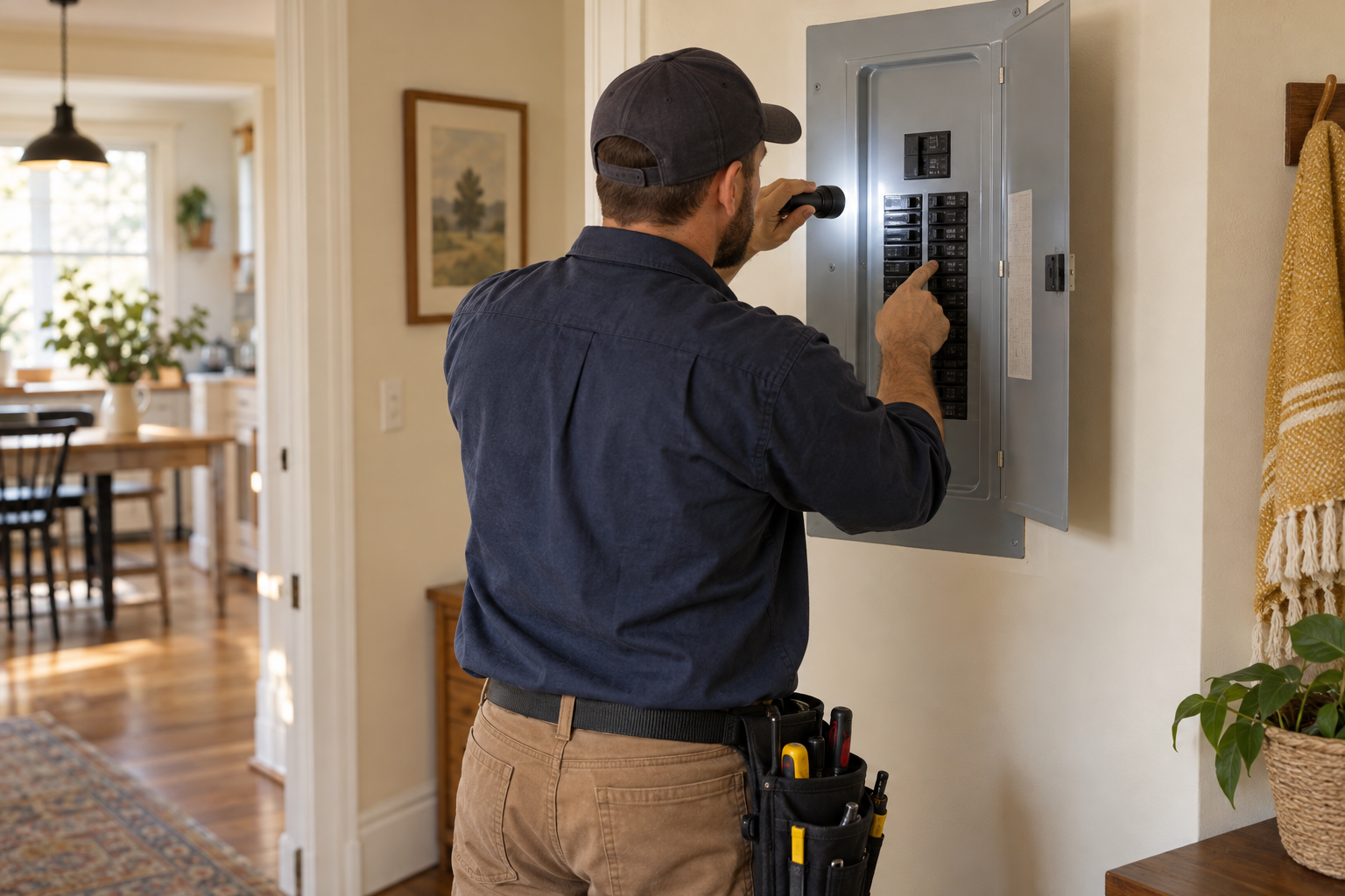 Illustrative image of an electrician inspecting a home electrical panel